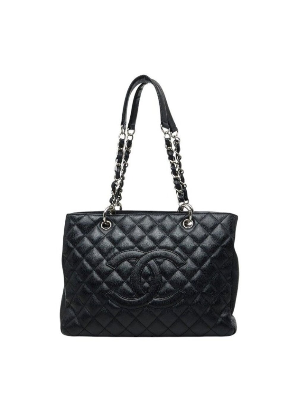 Chanel CC Logo Grand Shopping Tote GST Chain Shoulder Bag Black Caviar Leather